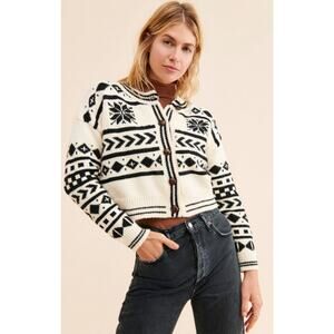 Raga Juneau Cardigan Black + White Sweater Nordic/Geometric Size Small Women's